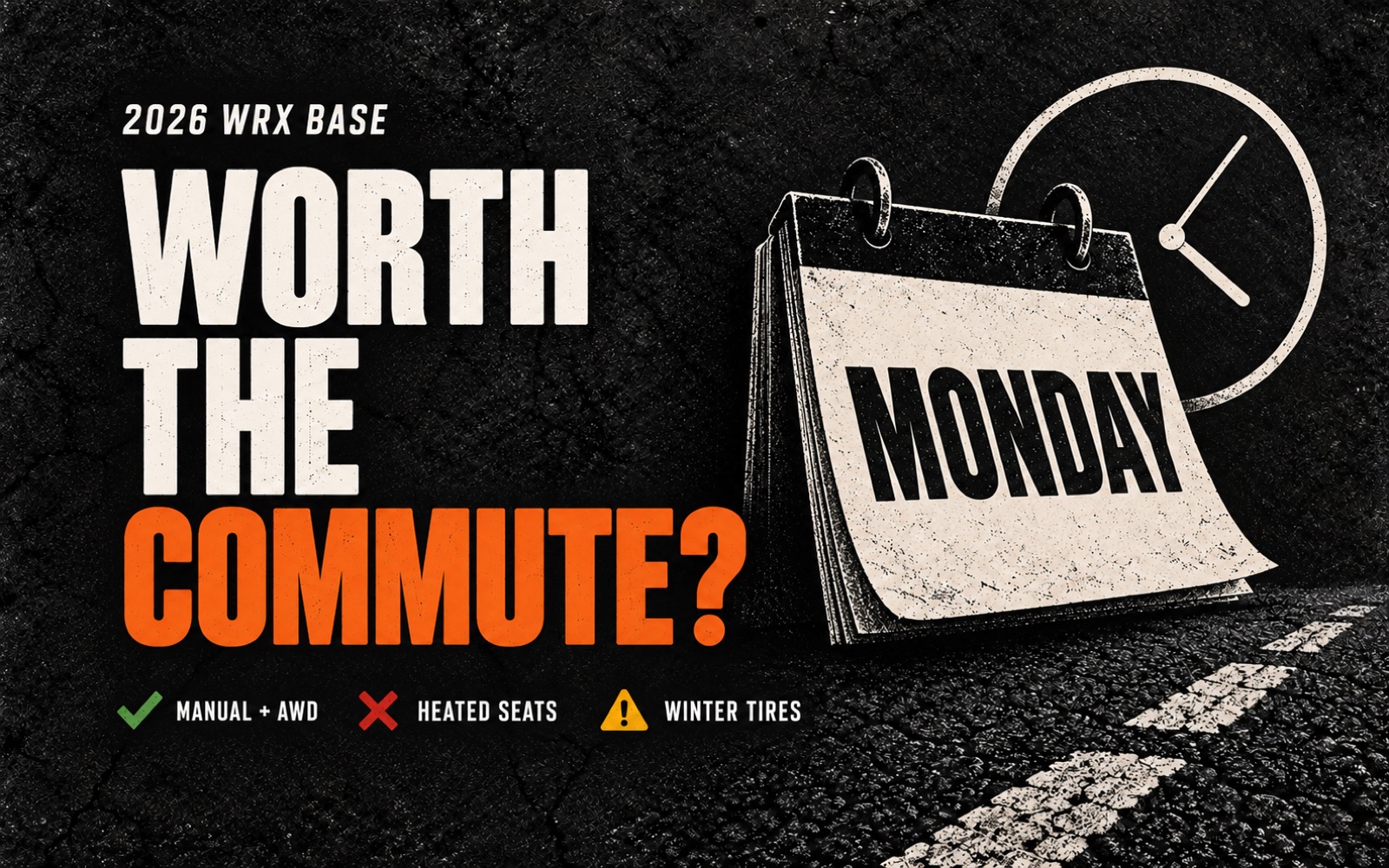 Worth the Commute? — 2026 WRX Base title over dark asphalt with a Monday calendar page and clock; checks for manual + AWD, a cross for heated seats, a warning for winter tires