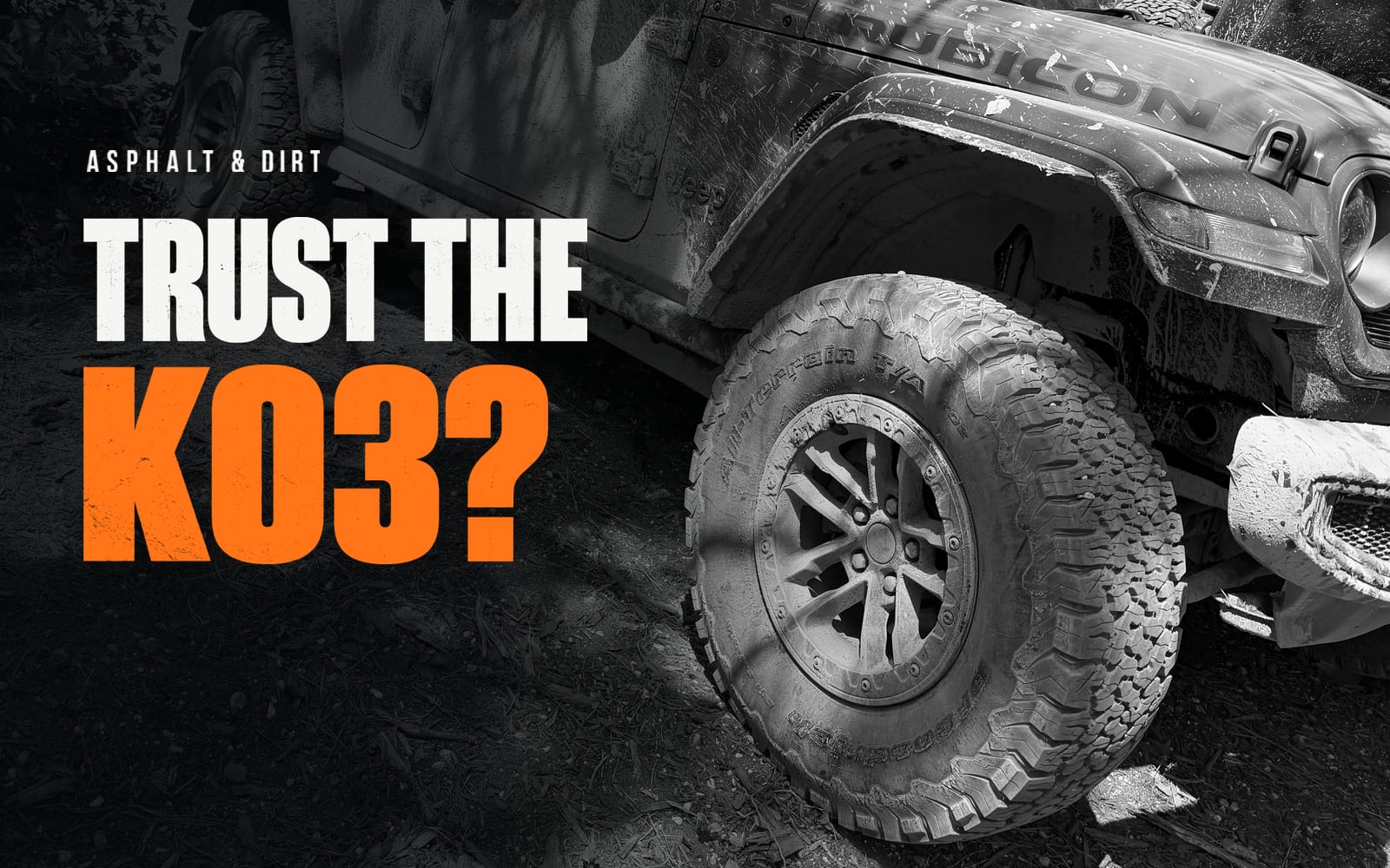 Trust the KO3? — our mud-covered 2026 Jeep Wrangler Rubicon on its factory BFGoodrich KO2s on a Pine Barrens trail
