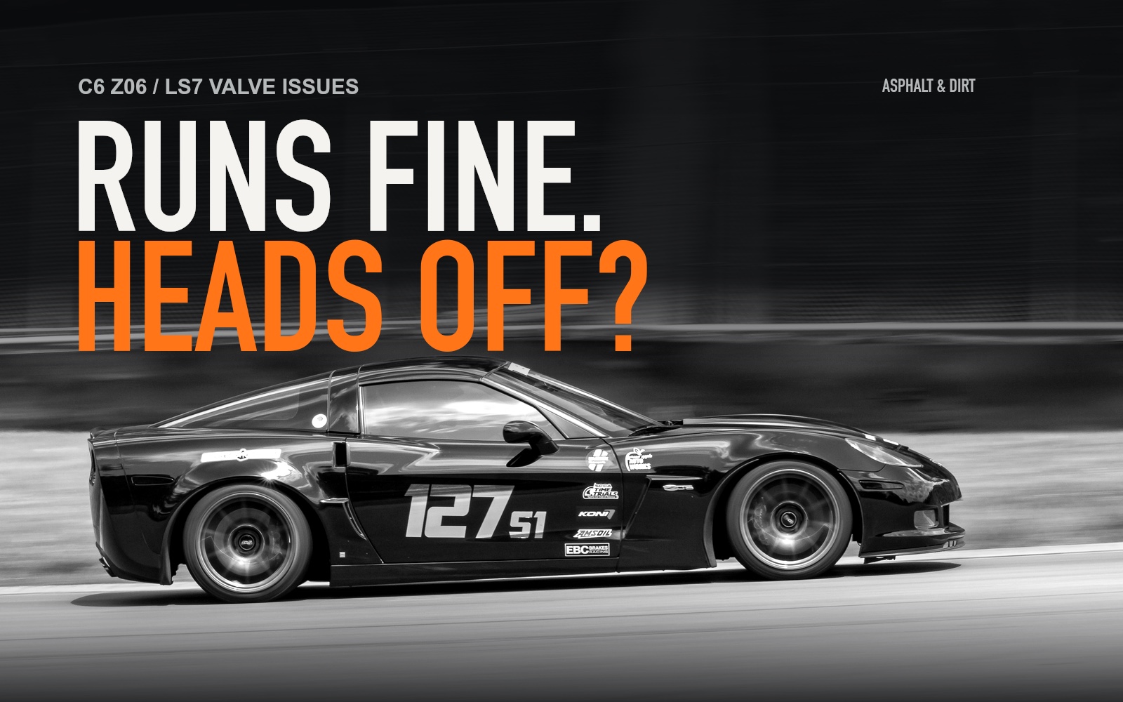 Runs Fine. Heads Off? — a black 2008 Chevrolet Corvette C6 Z06 track car in side profile at Mid-Ohio, in monochrome