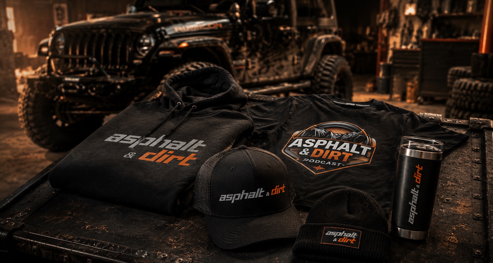 Asphalt & Dirt hoodie, tee, trucker hat, beanie, and tumbler laid out on a truck bed in front of a Jeep