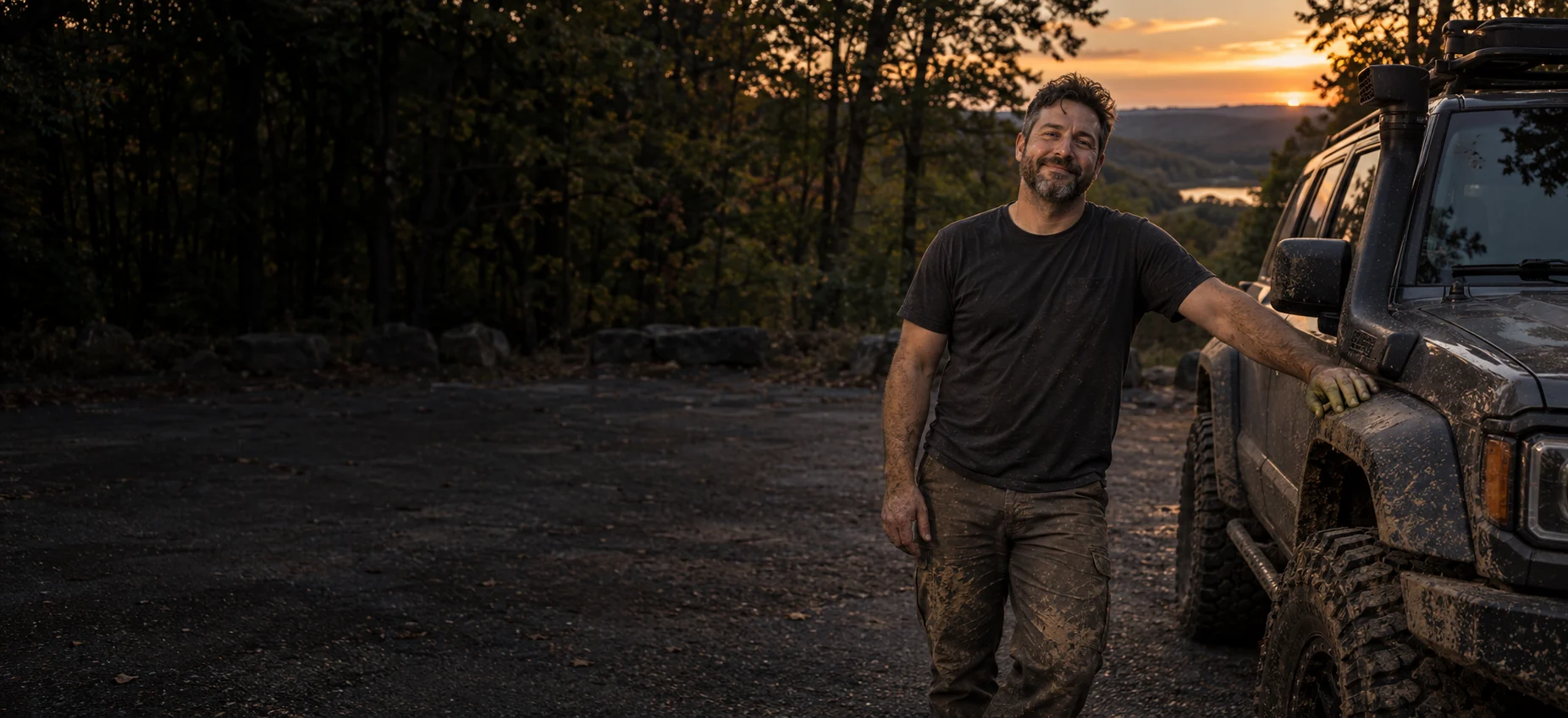 A muddy rider smiling next to his built 4x4 at sunset